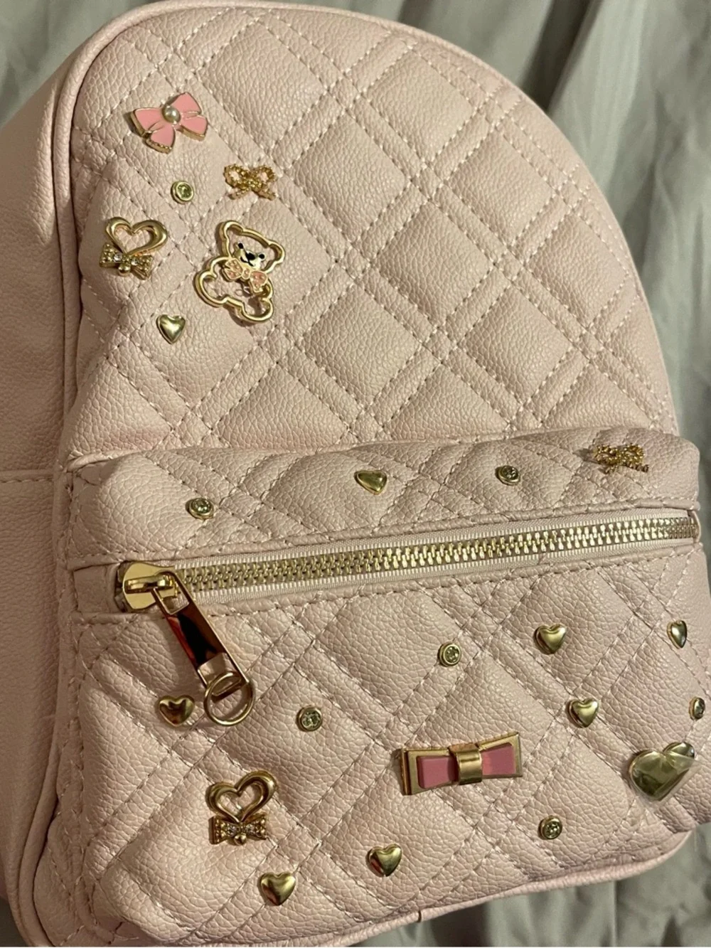 Under One Sky Baby Pink Quilted Mini Backpack Heart Bows and Teddy Bear Charms